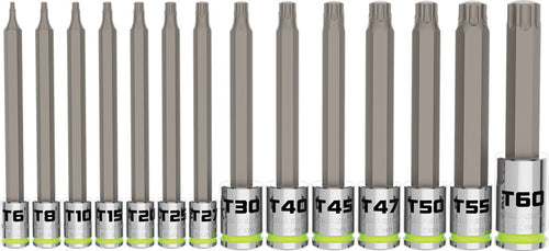 GripEdge ST14LS 14-pc 1/4", 3/8", 1/2" Dr. Long RPT Torx Bit Socket Set, T6-T60 - MPR Tools & Equipment