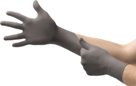 Ansell TouchNTuff 93-250 Gray Nitrile Disposable Gloves X-Large, pair shown being worn