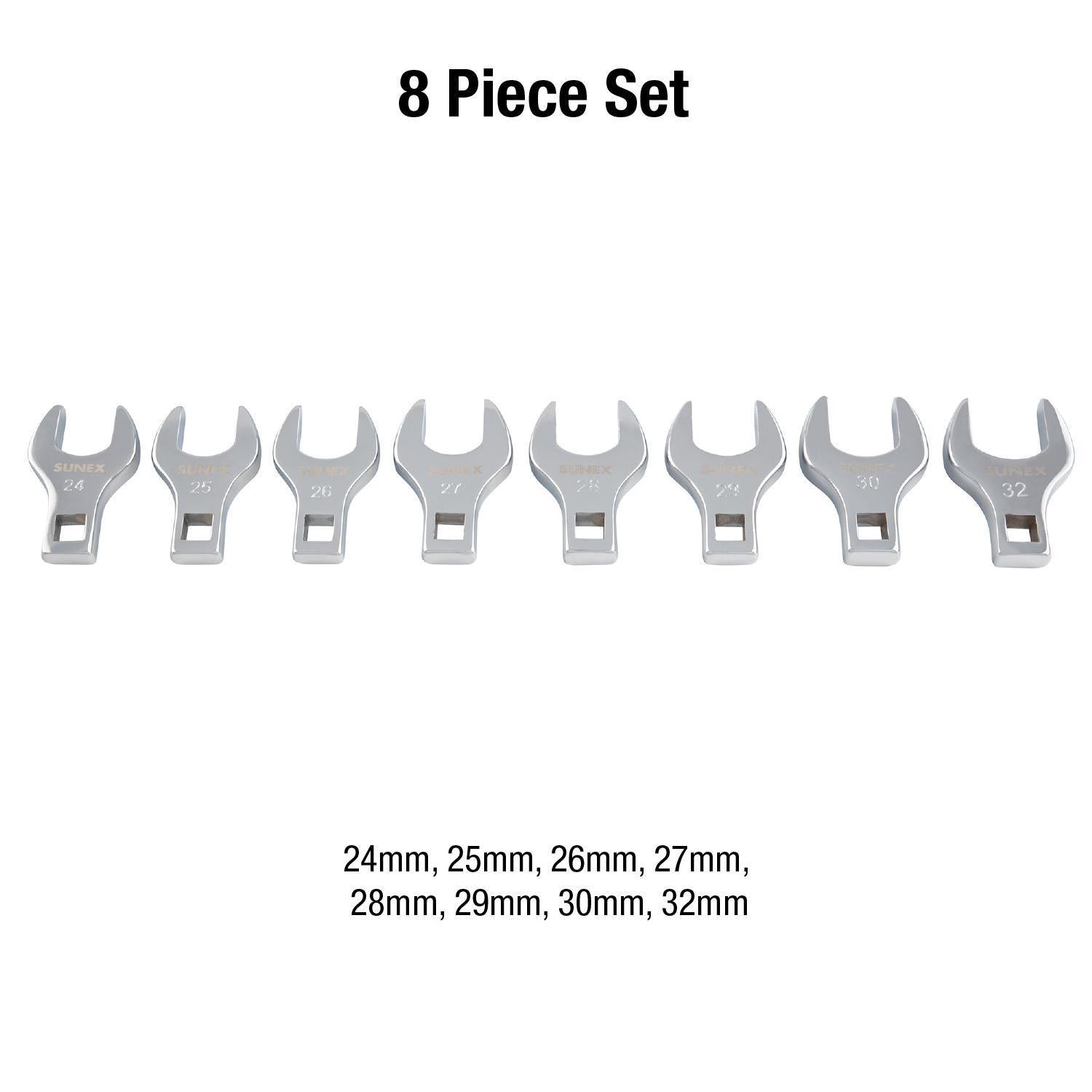 Sunex Tools 9730A 8-Piece Jumbo Metric Crowfoot Wrench Set showing all 8 sizes: 24mm through 32mm