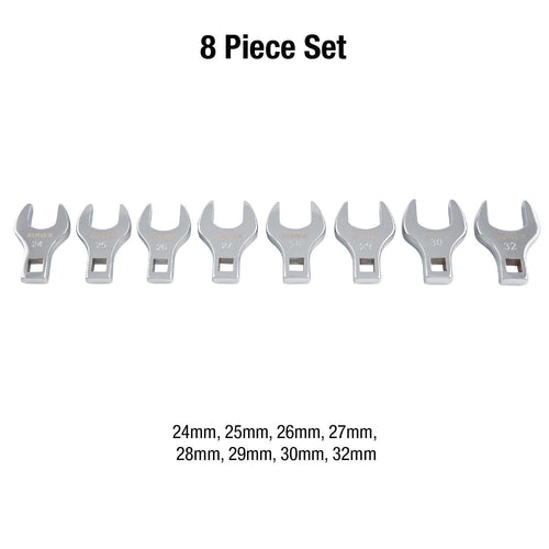Sunex Tools 9730A 8-Piece Jumbo Metric Crowfoot Wrench Set showing all 8 sizes: 24mm through 32mm