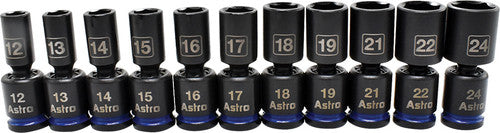 Astro Pneumatic 78244M 11-Pc 1/2" Drive 6 Pt. Mid-Length Pinless Universal Metric Impact Socket Set, 12-24MM - MPR Tools & Equipment