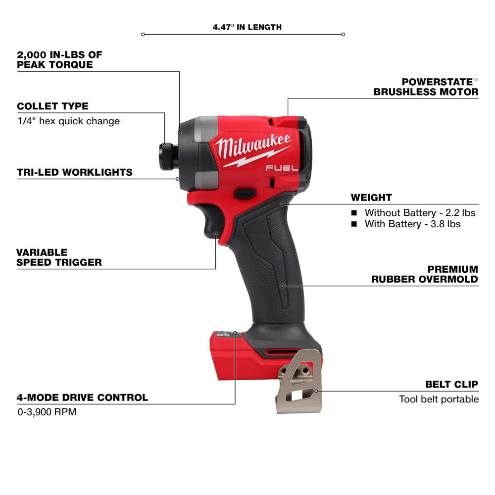 Milwaukee M18 FUEL 1/4in Hex Impact Driver 2953 feature callout showing POWERSTATE brushless motor, 2,000 in-lbs torque, 4-mode drive control, and 4.47in length