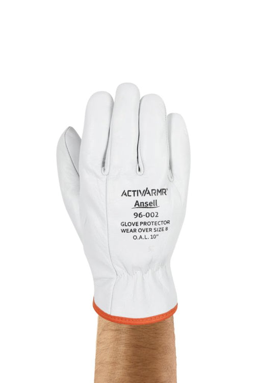Ansell ActivArmr 96-002 Low Voltage Leather Cover Glove Size 12, white goatskin leather with orange cuff on hand