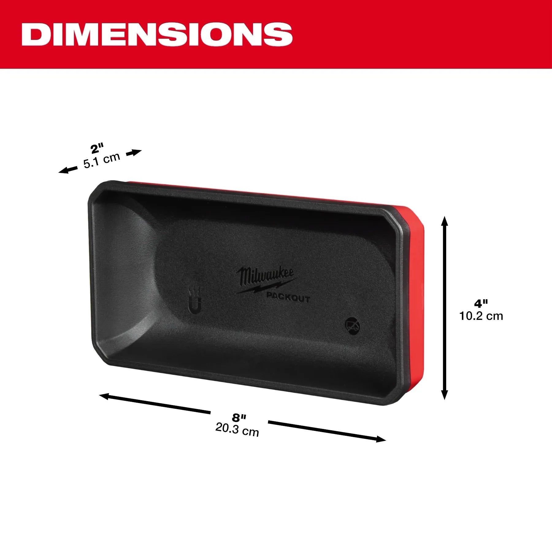 Milwaukee Tool PACKOUT Large Magnetic Bin - dimensions diagram: 8 in x 4 in x 2 in