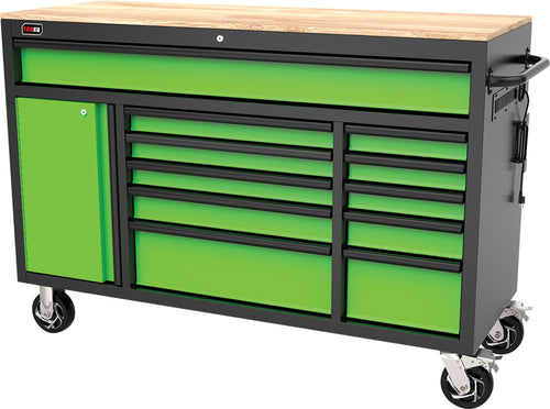 TOBEQ RCBT611123LGBK 61-Inch 11-Drawer Roller Cabinet in Lime Green and Black, front view with wood top and casters