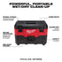 Milwaukee Tool 0880-20 M18 2-Gallon Wet/Dry Vacuum feature callout diagram showing blower port, HEPA filter, 45 CFM suction, and 2-gallon capacity