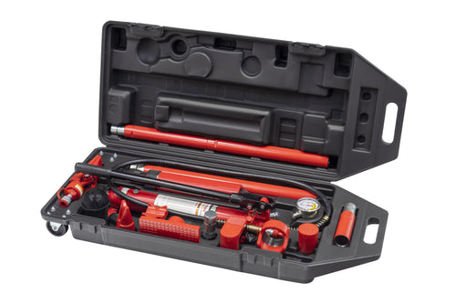 Sunex Tools 4910B 10 Ton Portable Hydraulic Power Kit in open blow-molded carry case with all components organized