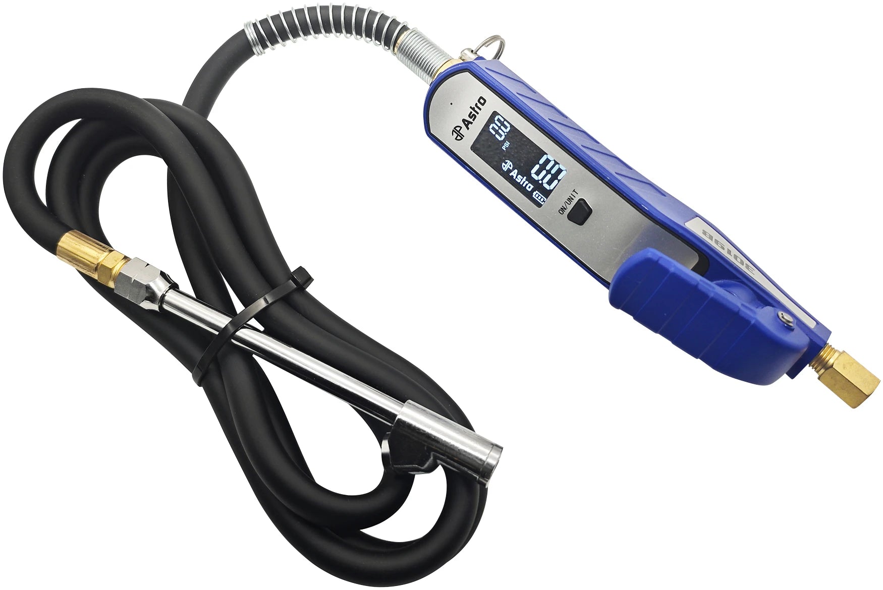 Astro Pneumatic 3019B6 Professional Rechargeable Digital Tire Inflator overhead view with brass dual chuck