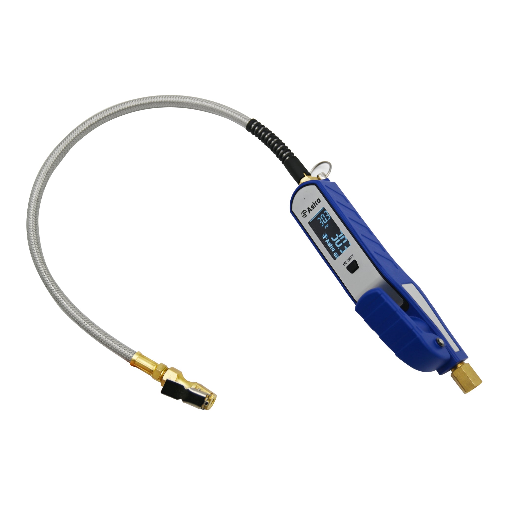 Astro Pneumatic 3019B Digital Tire Inflator angled view showing dual read-outs, brass fittings, and braided hose