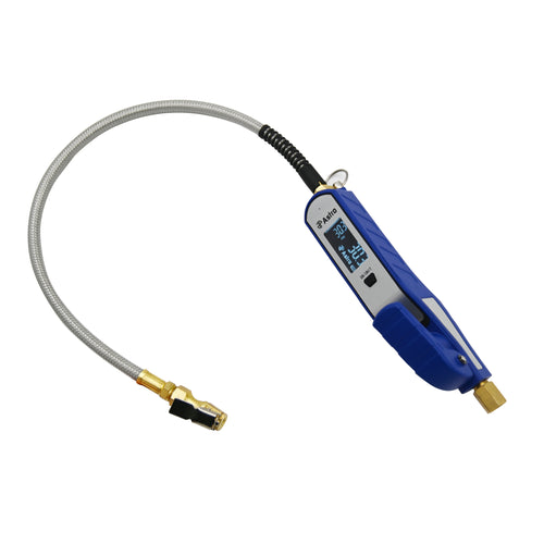 Astro Pneumatic 3019B Digital Tire Inflator angled view showing dual read-outs, brass fittings, and braided hose