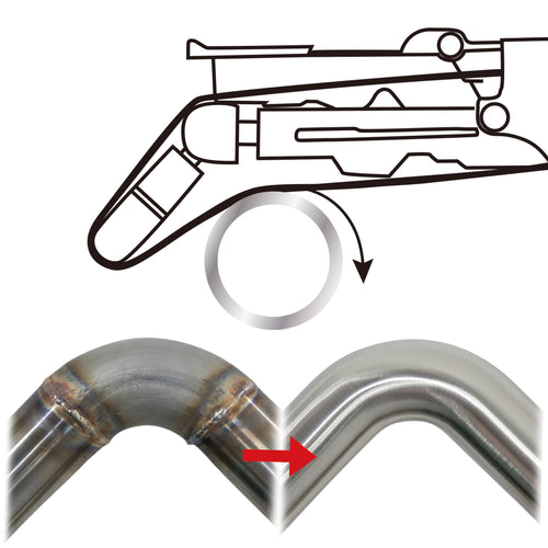 Astro Pneumatic 3039 belt sander diagram showing roller adjustment and before/after weld finishing on curved tubing