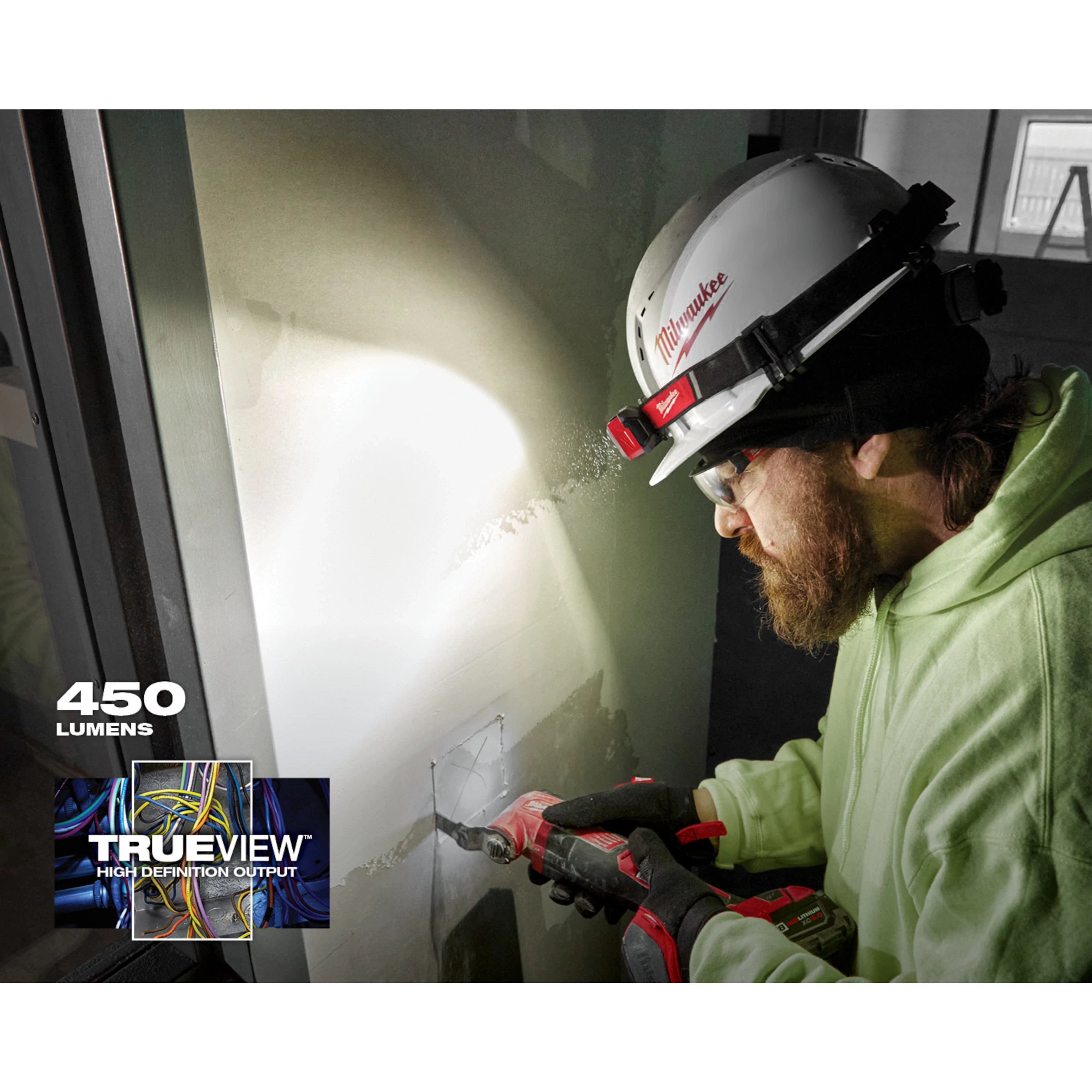 Milwaukee Tool 2012R headlamp delivering 450 lumens TRUEVIEW High Definition output on construction site