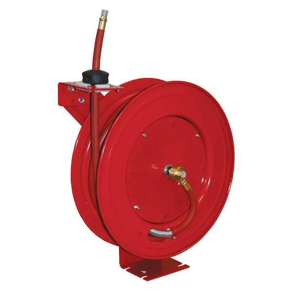 ATD Tools ATD-31166 Retractable Air Hose Reel 3/8" x 50 ft, red heavy-gauge all-steel reel with rubber hose and brass fittings