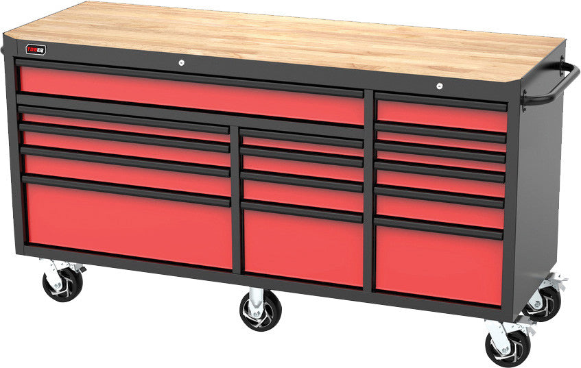 TOBEQ RCBT721524RDBK 72-inch 15-Drawer Roller Cabinet Red and Black with Wood Top Work Surface and Casters