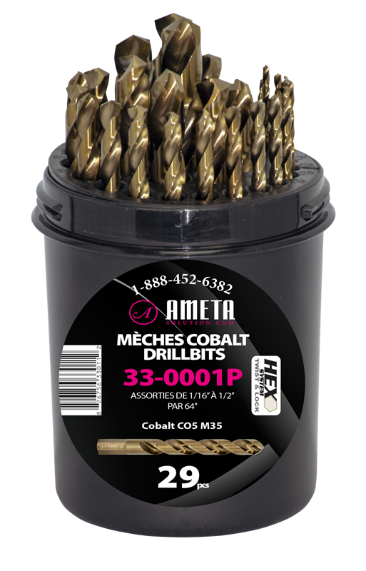 Ameta Solution 33-0001P 29pc Fractional Cobalt HSS/CO5 Hex Shank Drill Bit Set in plastic case