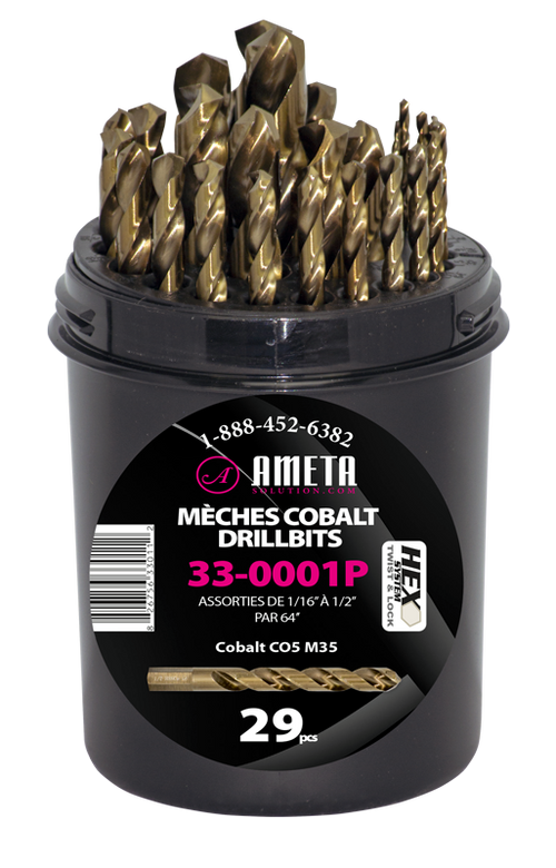 Ameta Solution 33-0001P 29pc Fractional Cobalt HSS/CO5 Hex Shank Drill Bit Set in plastic case