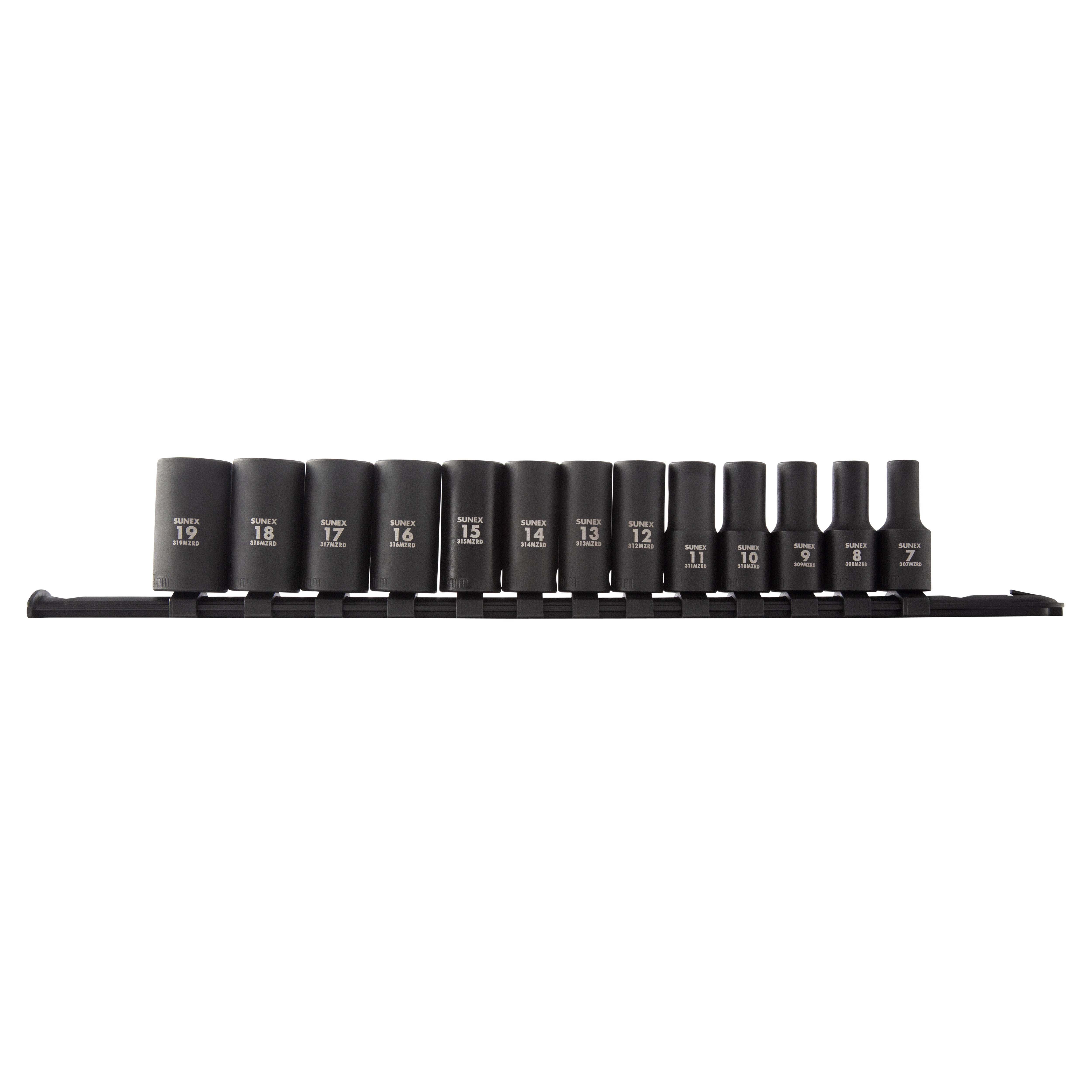 Sunex Tools 3338A 3/8" Drive Metric 12-Point Mid-Depth 13-Piece Impact Socket Set on storage rail, 7mm to 19mm