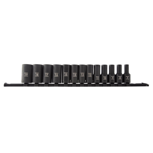 Sunex Tools 3338A 3/8" Drive Metric 12-Point Mid-Depth 13-Piece Impact Socket Set on storage rail, 7mm to 19mm