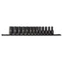 Sunex Tools 3338A 3/8" Drive Metric 12-Point Mid-Depth 13-Piece Impact Socket Set on storage rail, 7mm to 19mm