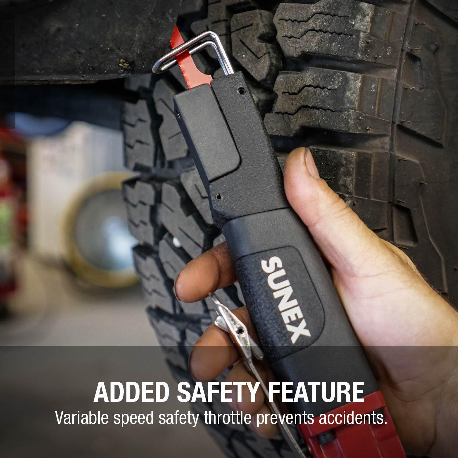 Sunex Tools SXSW1001 - in-use lifestyle shot near tire showing variable speed safety throttle feature