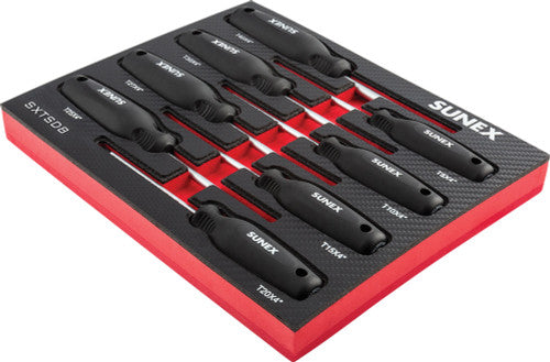 Sunex Tools SXTSD8 8-Pc Torx Magnetic Screwdriver Set in EVA Foam Tray with Labeled Slots