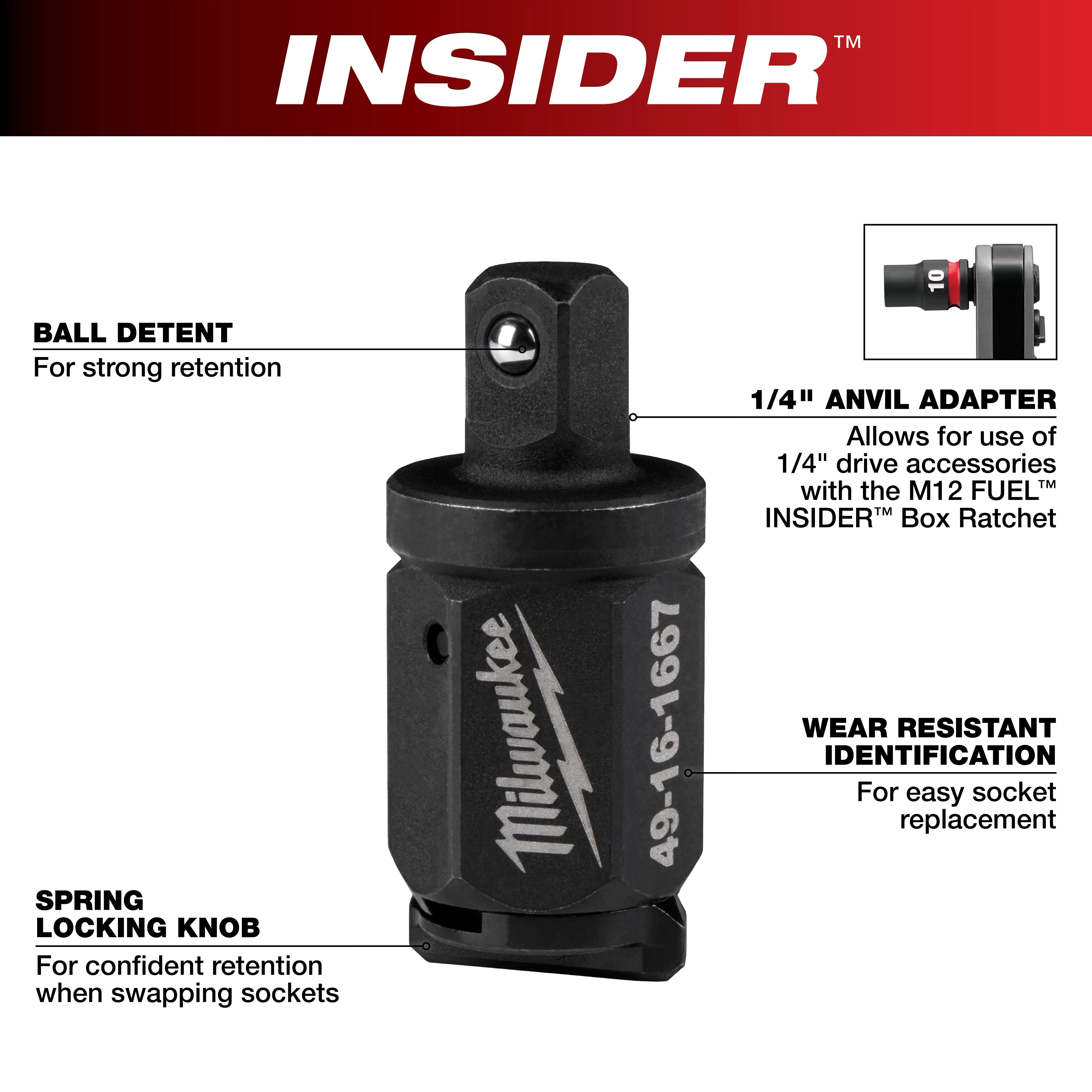 Milwaukee Tool 49-16-1667 INSIDER Anvil Adapter feature callouts: ball detent, spring locking knob, and wear resistant laser-etched identification