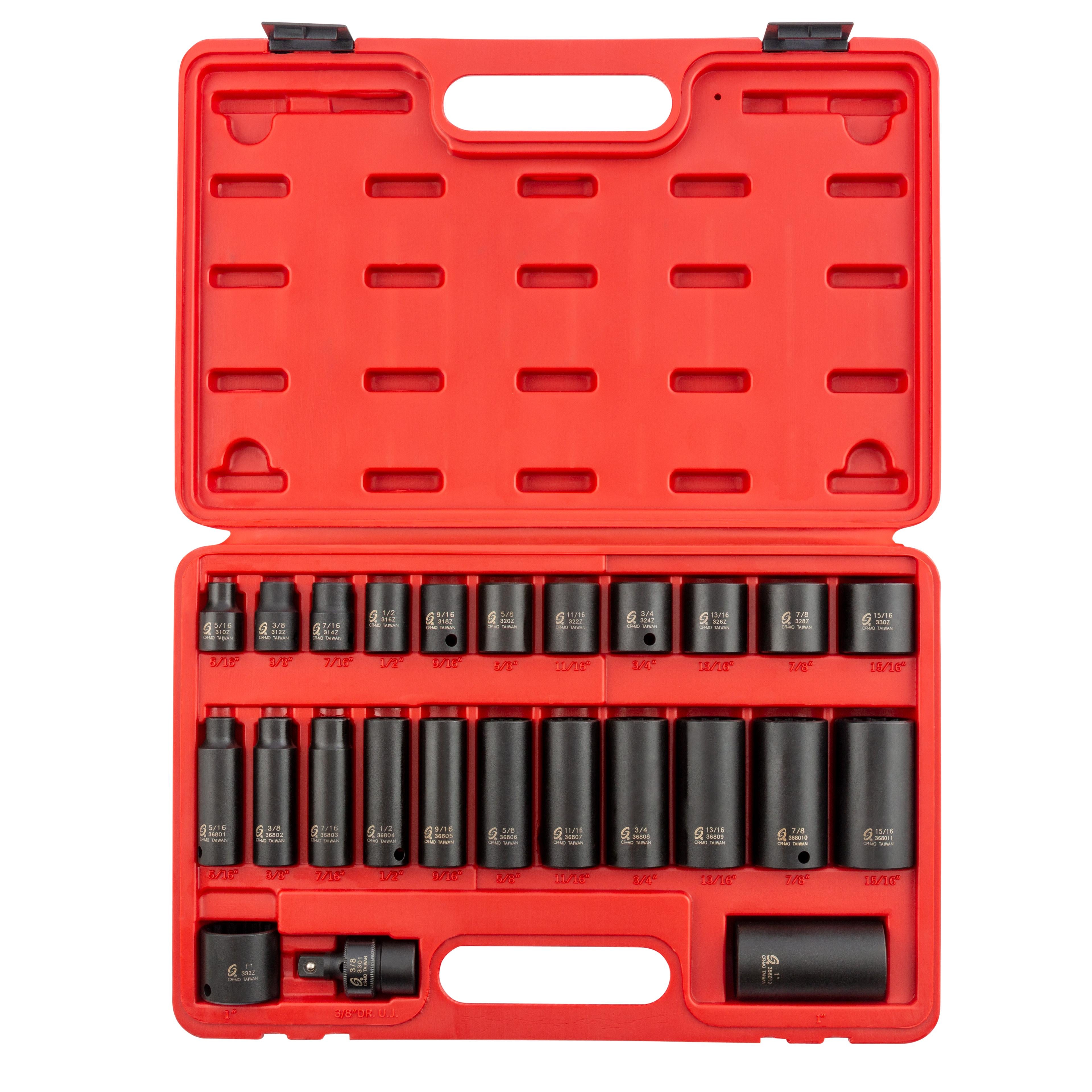 Sunex Tools 3326 25-Piece 3/8 In Drive SAE 12-Point Master Impact Socket Set open in red blow-molded case