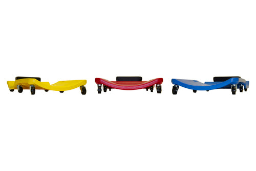 Lisle Low Profile Plastic Creepers in yellow, red, and blue - front profile comparison view showing casters and ergonomic shape