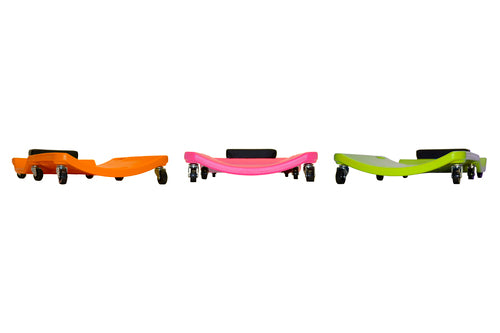 Lisle Low Profile Plastic Creepers side view showing Neon Orange, Pink, and Neon Green color variants