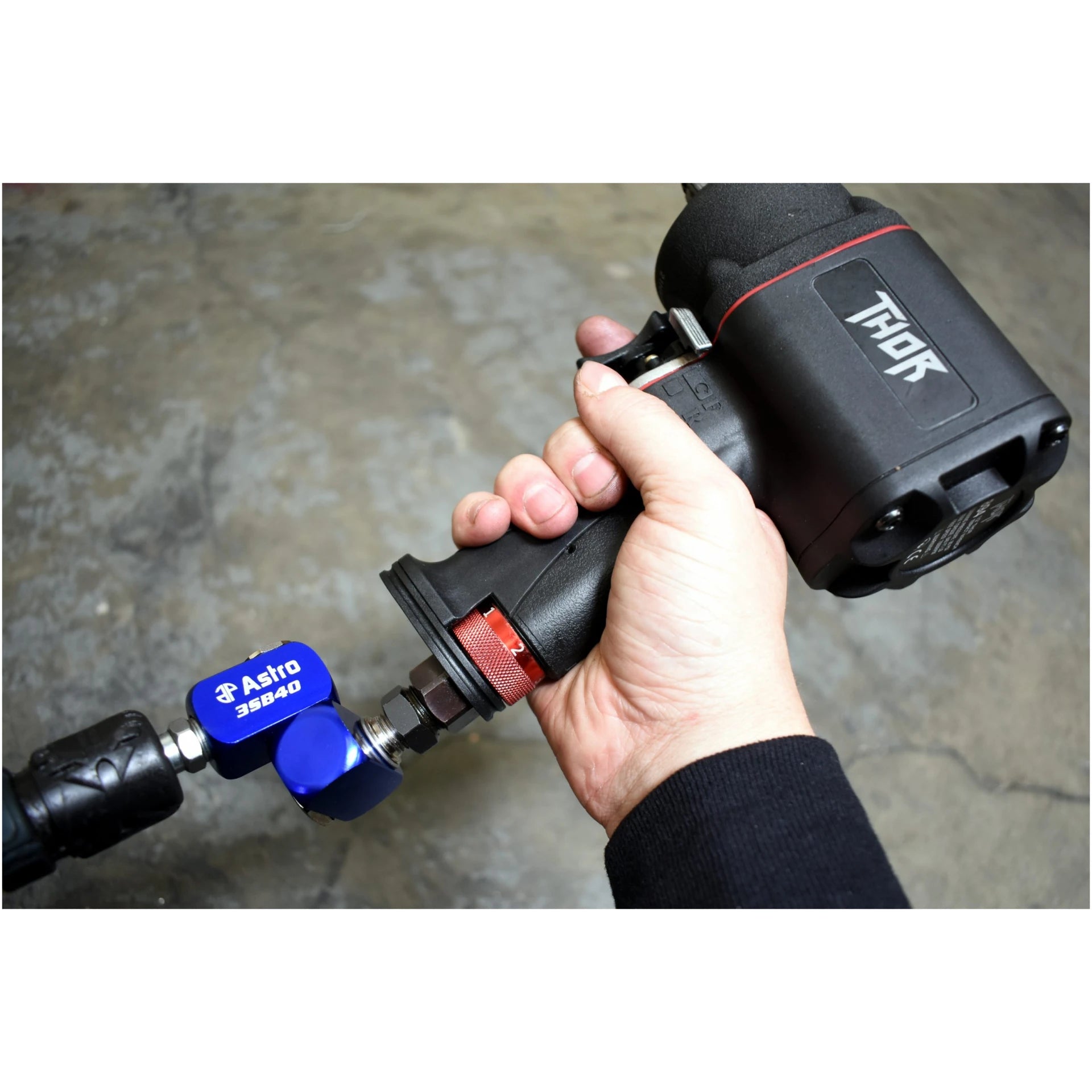 Astro Pneumatic 3SB40 Air Swivel on Astro THOR impact wrench - alternate lifestyle angle