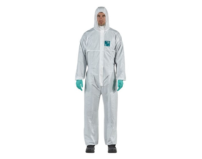Ansell WH18-B-92-111-03 AlphaTec 1800 White Disposable Hooded Coverall, Medium, worn by model