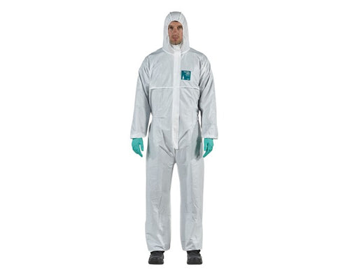 Ansell WH18-B-92-111-03 AlphaTec 1800 White Disposable Hooded Coverall, Medium, worn by model