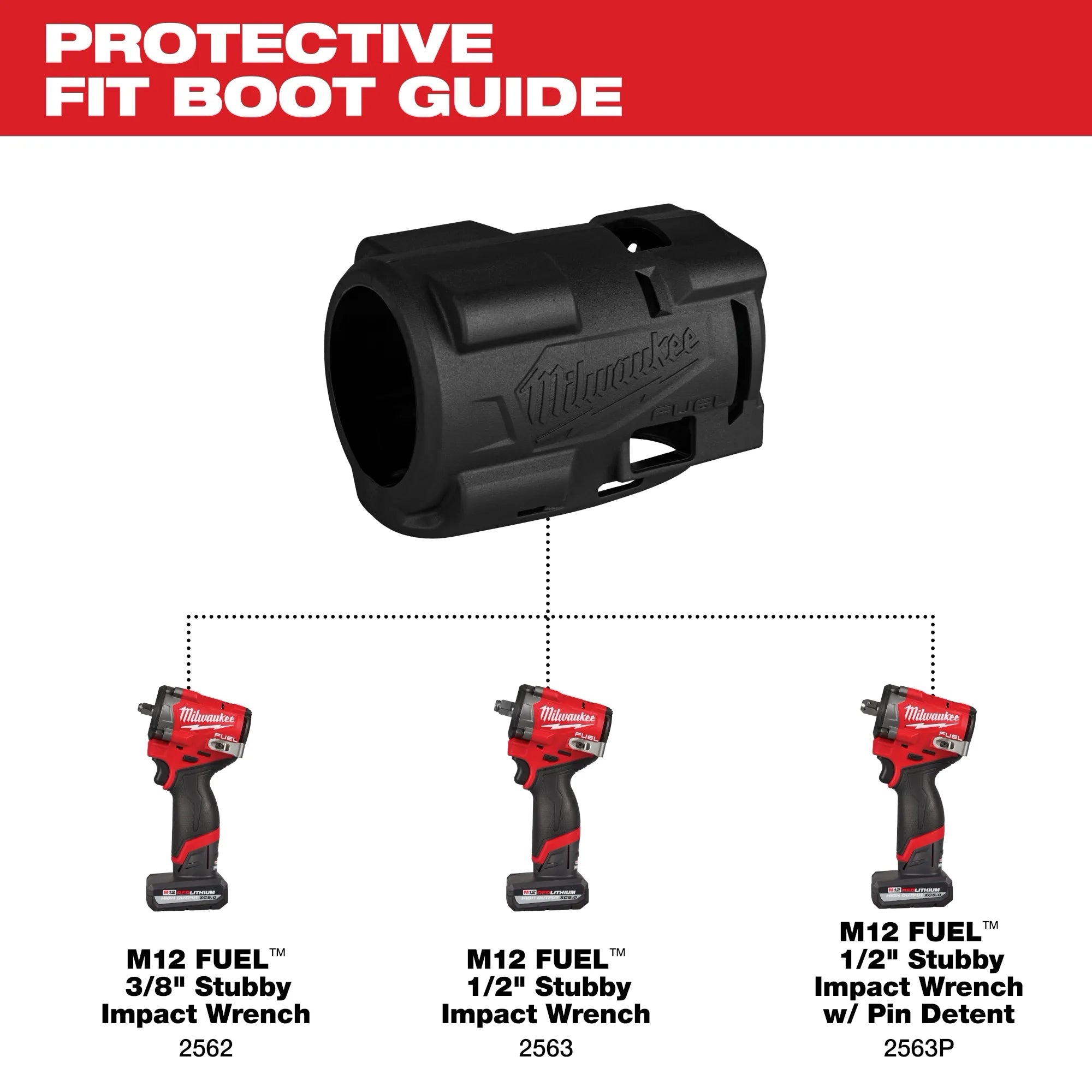 Milwaukee Tool 49-16-2562 Protective Boot fit guide showing compatibility with M12 FUEL 2562, 2563, and 2563P
