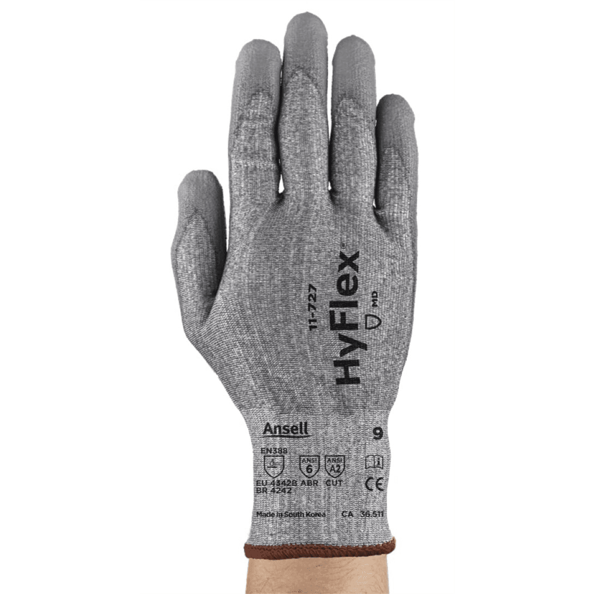 Ansell HyFlex 11-727 cut-resistant glove palm-side view showing EN388 and ANSI certifications on cuff