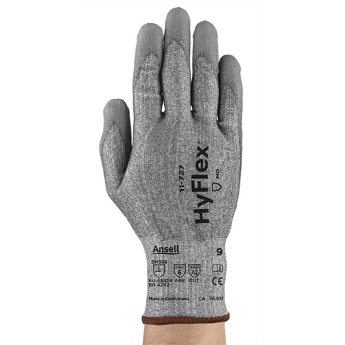 Ansell HyFlex 11-727 cut-resistant glove palm-side view showing EN388 and ANSI certifications on cuff