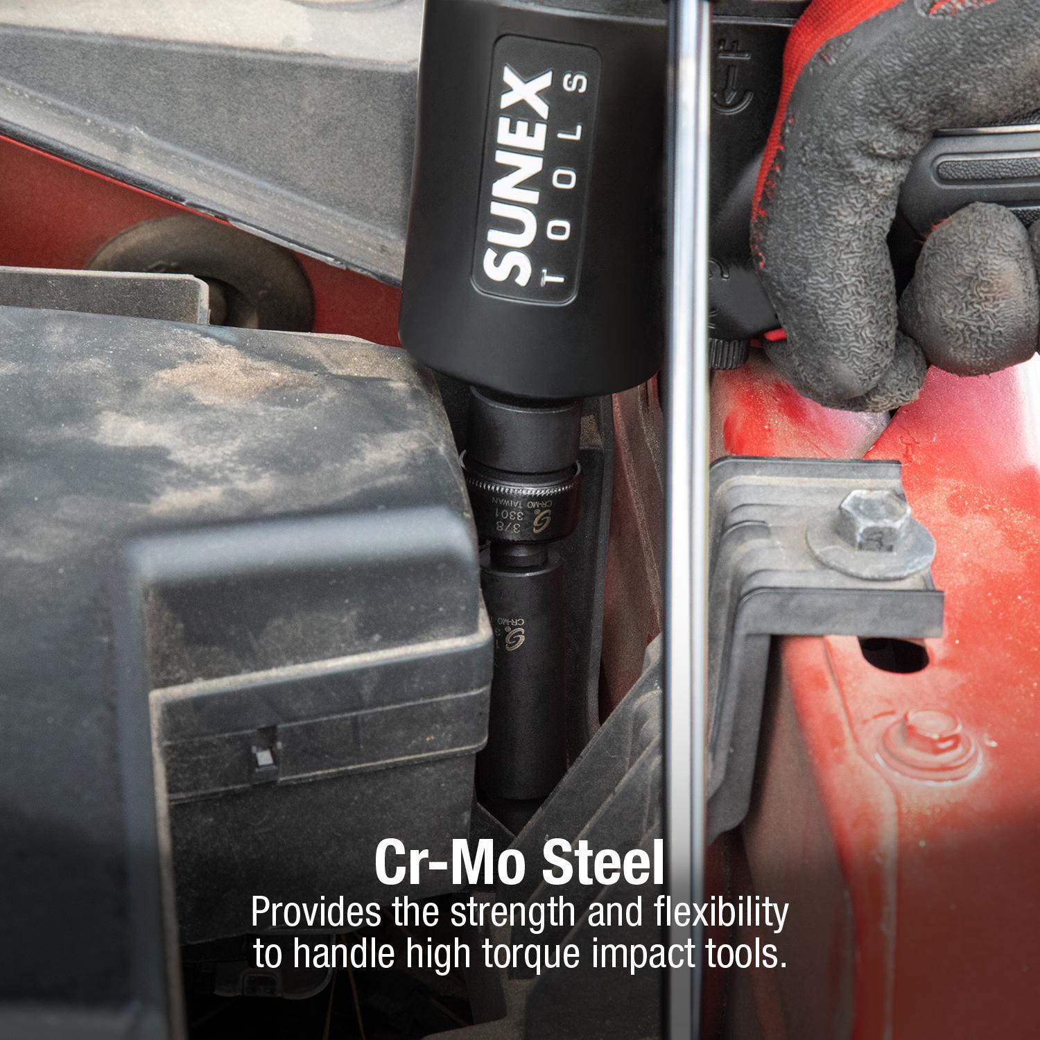 Sunex Tools 3329 impact socket on universal joint in use under vehicle hood, CR-MO Steel provides strength and flexibility for high torque tools