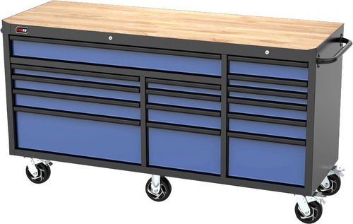 TOBEQ RCBT721524BLBK 72-Inch 15-Drawer Roller Cabinet in Blue and Black with Wood Top