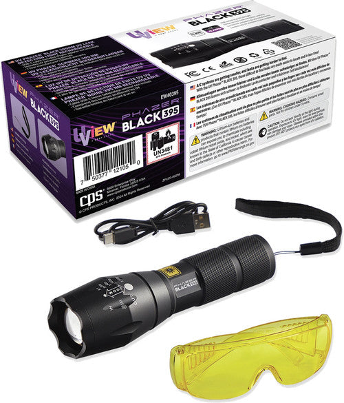 UView EW40395 Phazer™ Black 395 - Rechargeable UV Leak Detection Light, 4789 UV Power Rating, Including Glasses & USB-C Cable - MPR Tools & Equipment