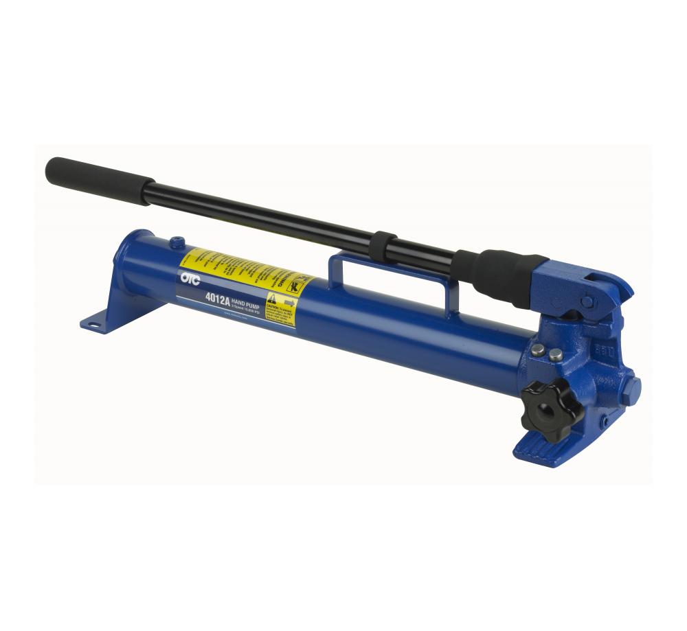 OTC Tools 4012A Two-Speed Hydraulic Hand Pump, Large Capacity, blue all-metal body with carrying handle and fingertip control valve