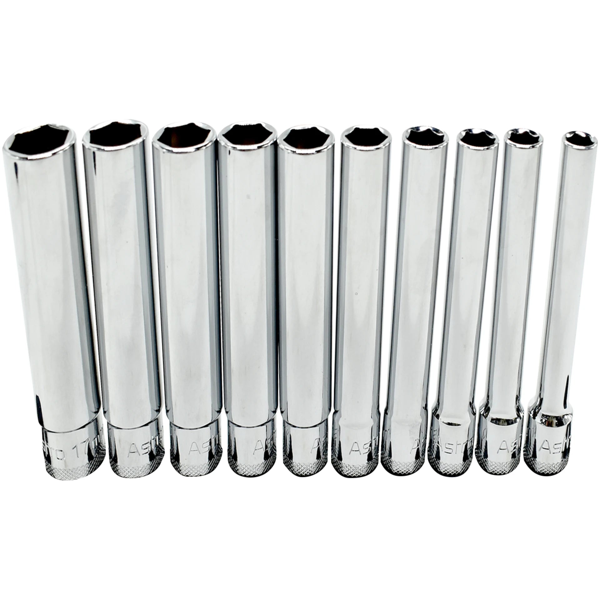 Astro Pneumatic 4110 10pc 3/8" Drive Extra Deep Metric Socket Set, 10 chrome sockets fanned out