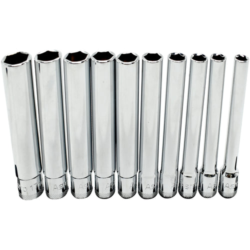 Astro Pneumatic 4110 10pc 3/8" Drive Extra Deep Metric Socket Set, 10 chrome sockets fanned out