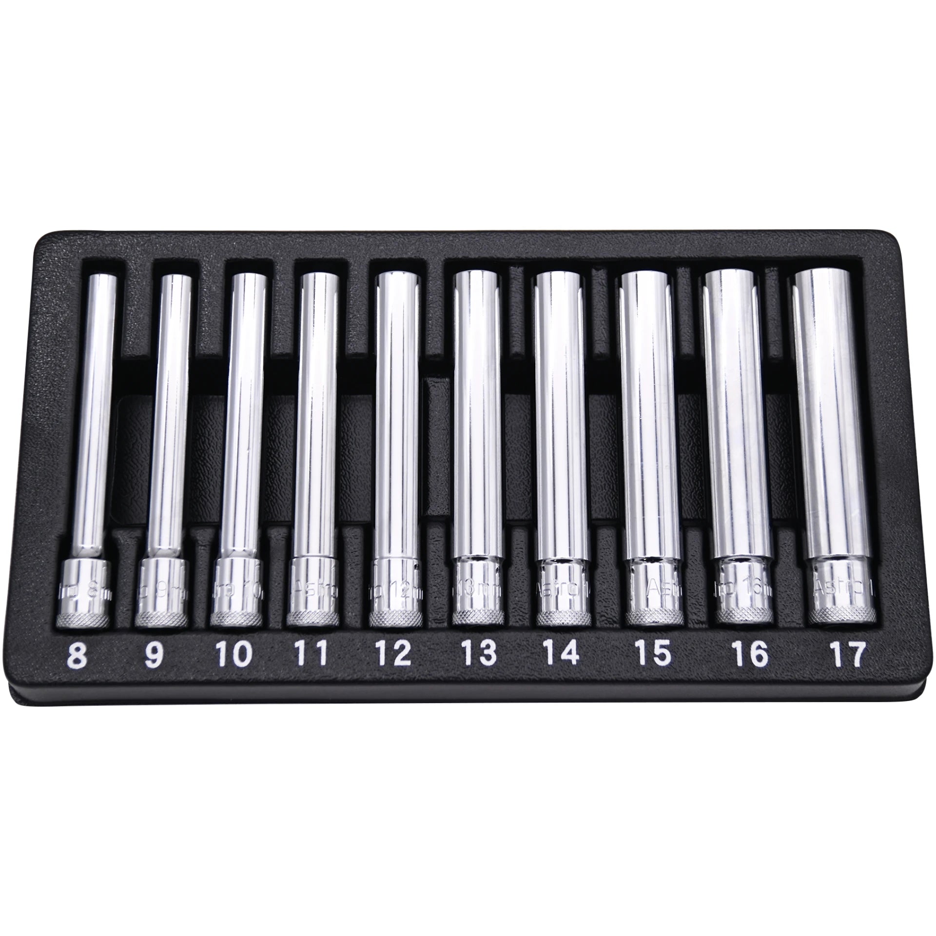 Astro Pneumatic 4110 10pc Extra Deep Socket Set in foam tray, angled view, sizes 8-17mm
