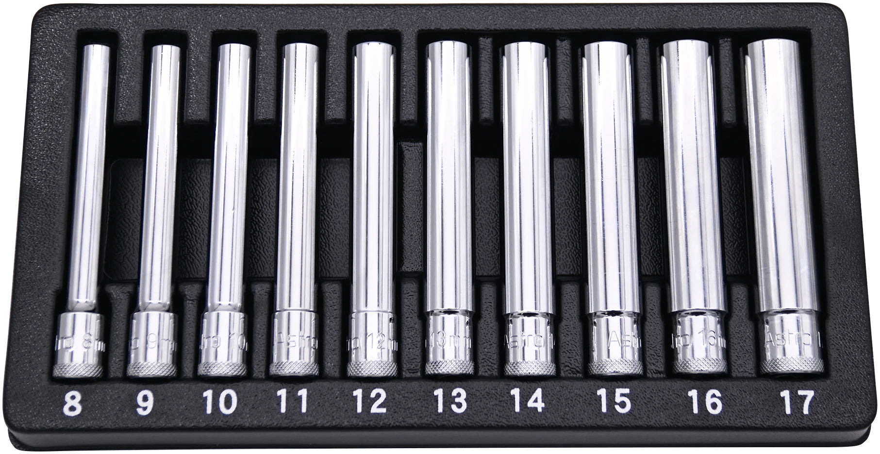 Astro Pneumatic 4110 10pc Extra Deep Socket Set in foam storage tray, sizes 8-17mm labeled