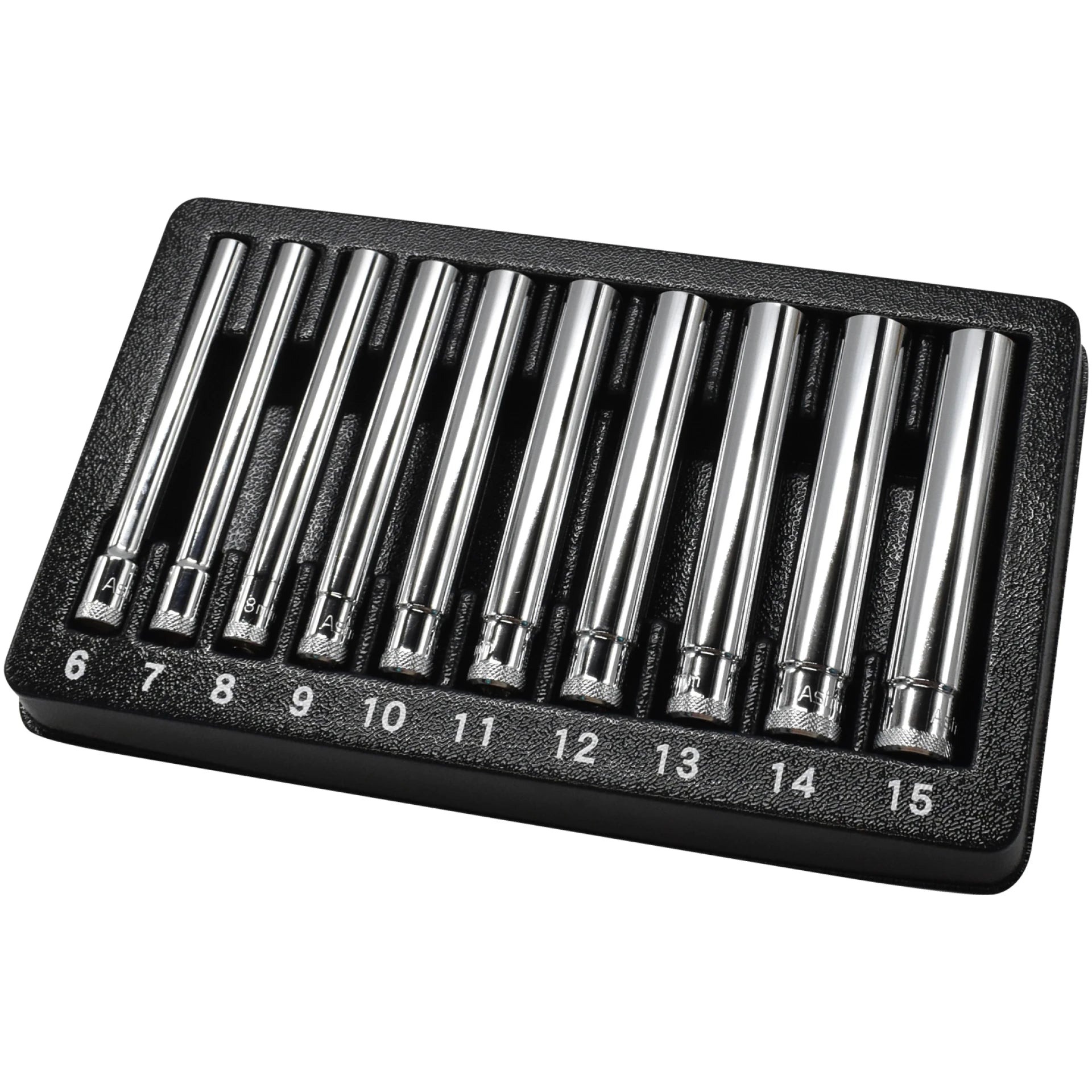 Astro Pneumatic 4111 10pc 1/4 Drive Extra Deep Metric Socket Set 6-15mm displayed in black tray