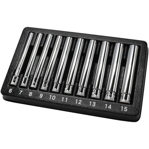 Astro Pneumatic 4111 10pc 1/4 Drive Extra Deep Metric Socket Set 6-15mm displayed in black tray