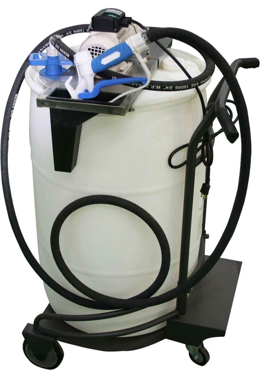 Turbo XL PU30012HKP205 12V DEF Transfer Pump Kit with manual nozzle, hose, and wheeled drum cart for 205L drum
