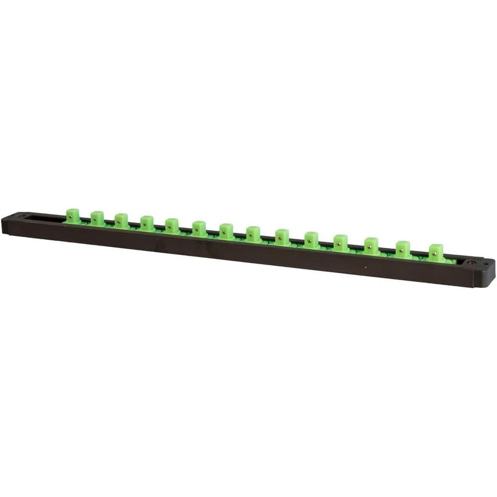 Mechanic's Time Savers LAS38MBG 3/8" DR. 1-ROW LOCK-A-SOCKET RAIL, HOLDS 14 SOCKETS, MATTE BLACK W/GREEN POSTS