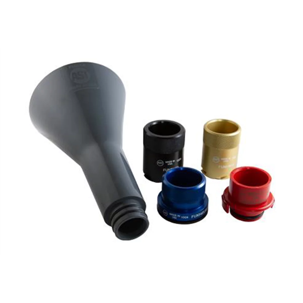 Assenmacher Specialty Tools FUN4EUROKIT 5pc Euro Oil Funnel Kit with large grey funnel and four color-coded adapters (black, tan, blue, red)