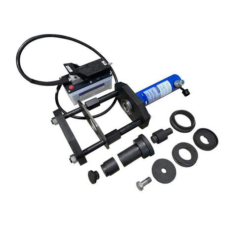 OTC Tools 4247-FR Suspension Bushing Kit with Pump, including air/hydraulic pump, 25-ton hydraulic cylinder, hose, and full adapter set