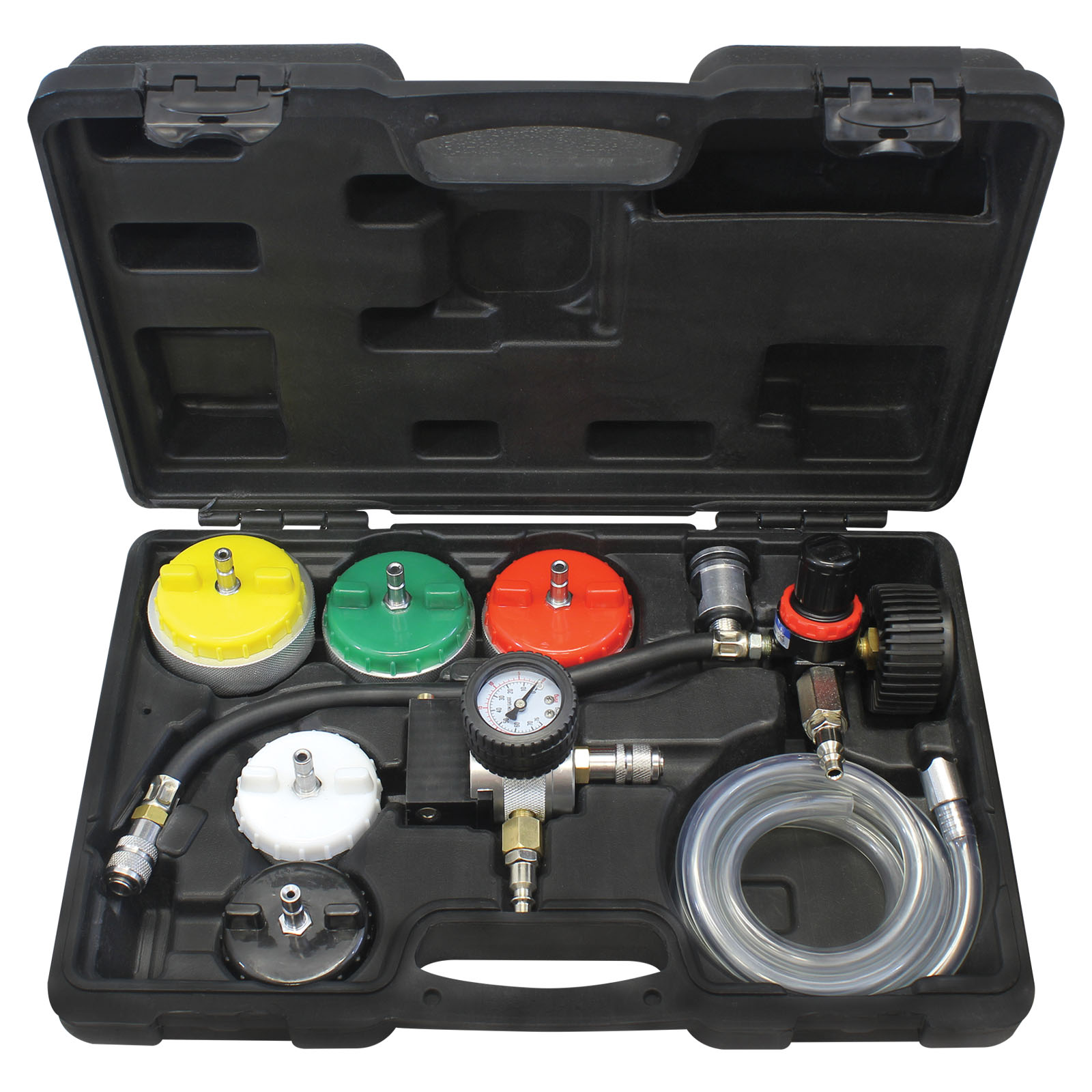 Mastercool 43306 Heavy Duty Cooling System Pressure Test and Refill Kit open case showing color-coded adapters, pressure gauge, vacuum attachments, regulator, and clear tubing